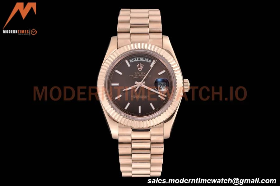 Rolex - DayDate 40mm Flt/Pres RG/RG Brown Stick GDF MY8215