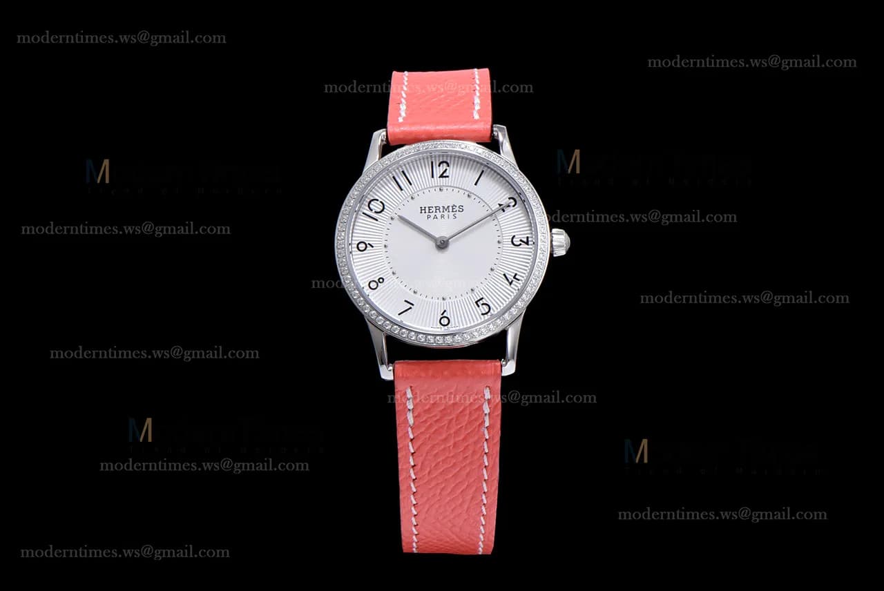 Hermes Slim D Series SS/LE BVF Wht/Red Diams Quartz