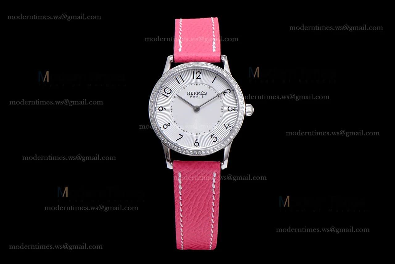 Hermes Slim D Series SS/LE BVF Wht/Pin Diams Quartz