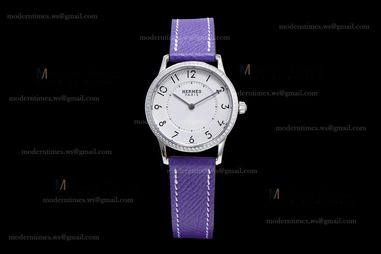 Hermes Slim D Series SS/LE BVF Wht/Per Diams Quartz