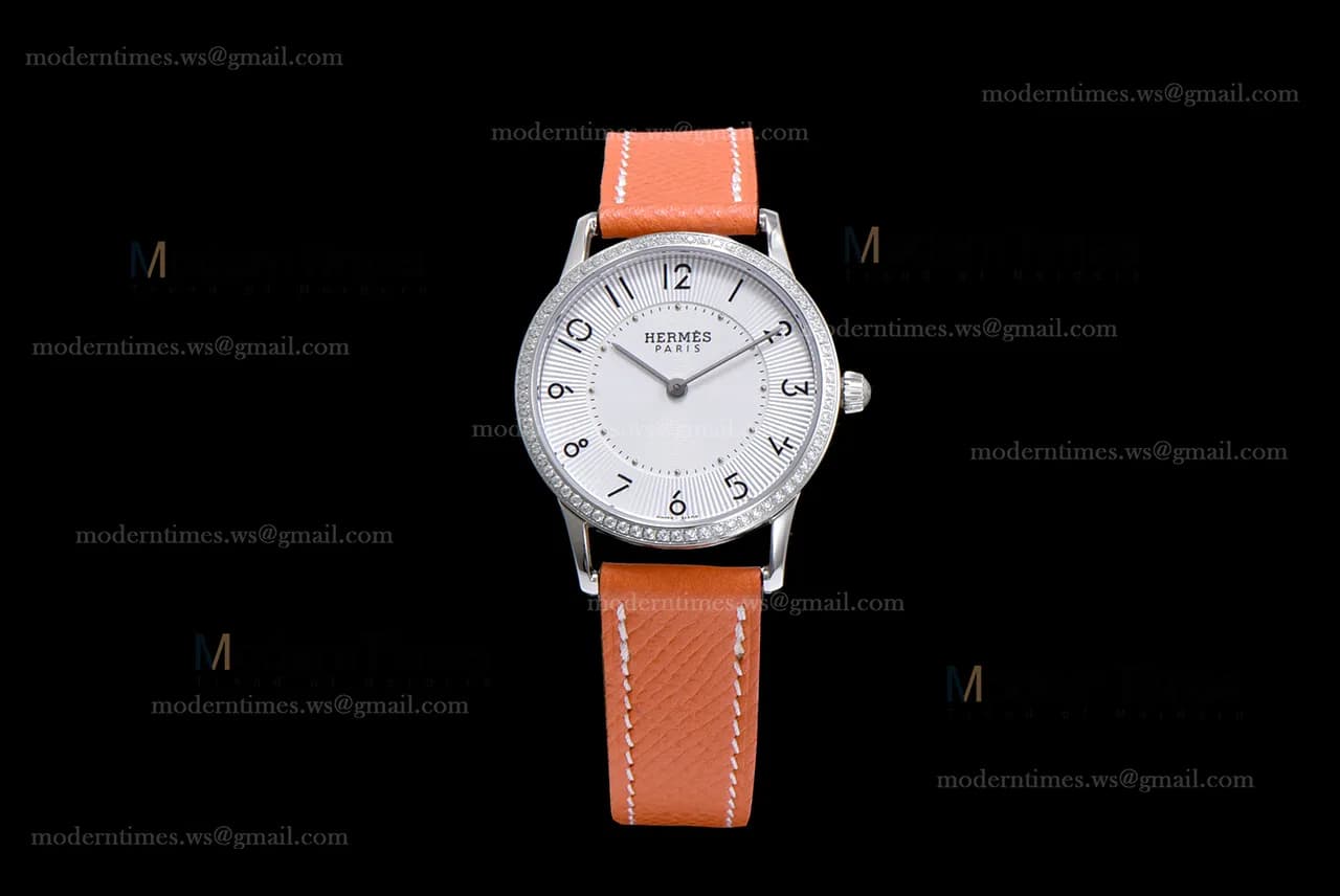 Hermes Slim D Series SS/LE BVF Wht/Bro Diams Quartz