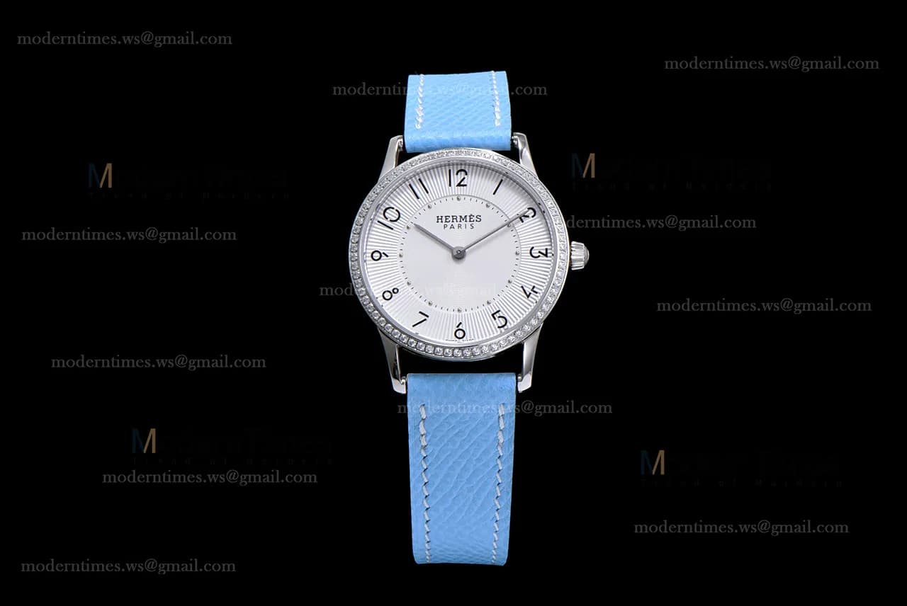 Hermes Slim D Series SS/LE BVF Wht/Blu Diams Quartz