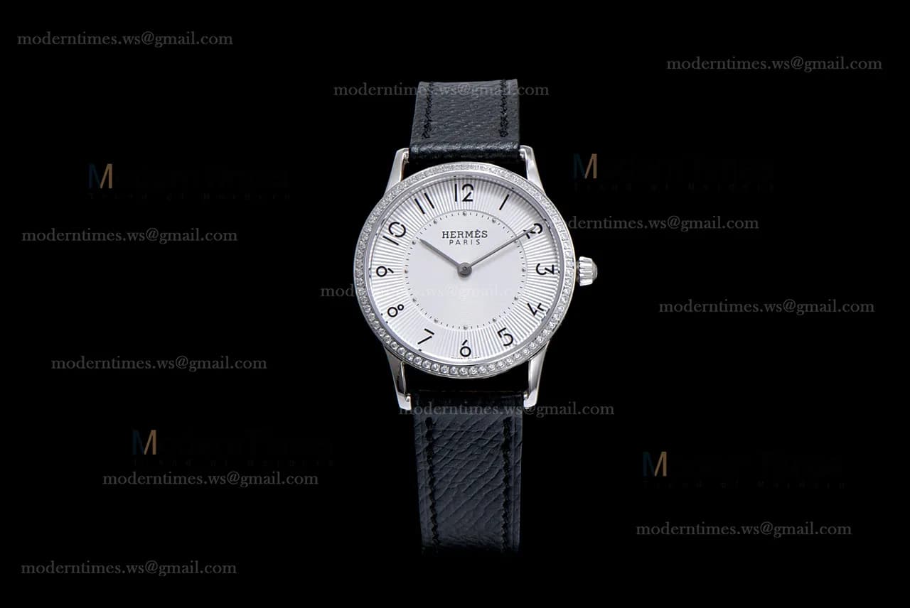 Hermes Slim D Series SS/LE BVF Wht/Blk Diams Quartz