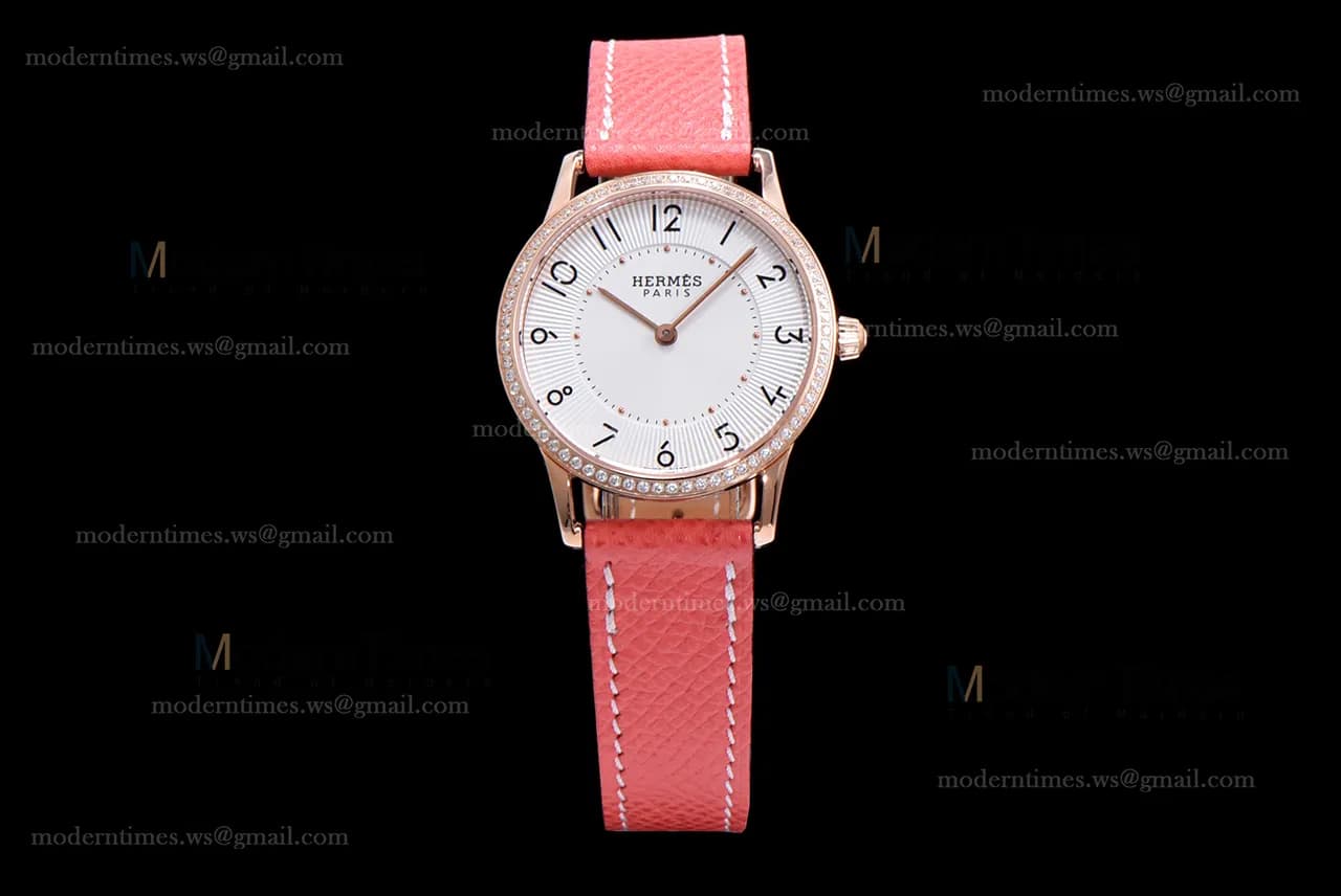 Hermes Slim D Series RG/LE BVF Wht/Red Diams Quartz