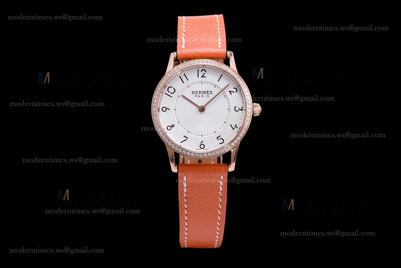 Hermes Slim D Series RG/LE BVF Wht/Bro Diams Quartz