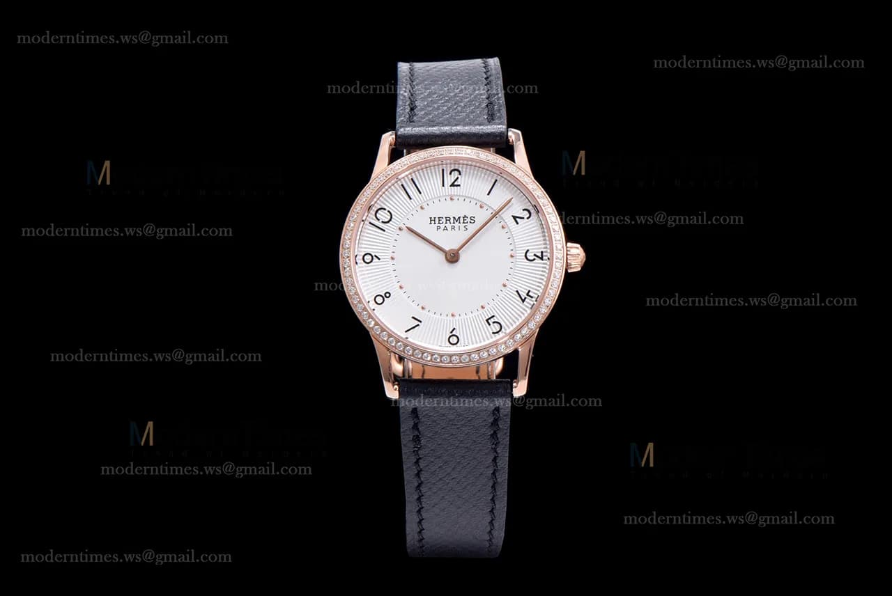 Hermes Slim D Series RG/LE BVF Wht/Blk Diams Quartz