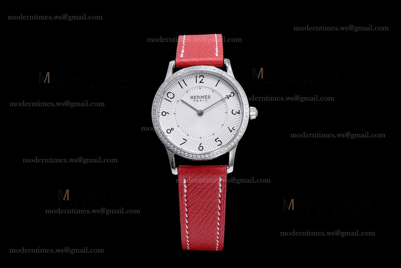Hermes Slim D Series SS/LE BVF Wht/Red Diams Quartz