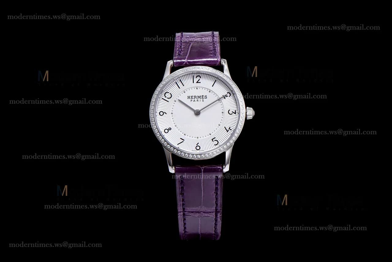 Hermes Slim D Series SS/LE BVF Wht/Per Diams Quartz