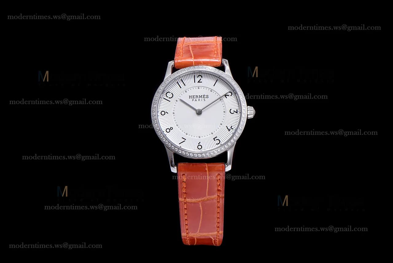 Hermes Slim D Series SS/LE BVF Wht/Bro Diams Quartz