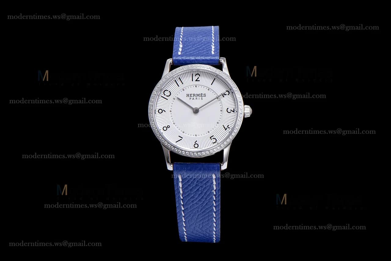 Hermes Slim D Series SS/LE BVF Wht/Blu Diams Quartz