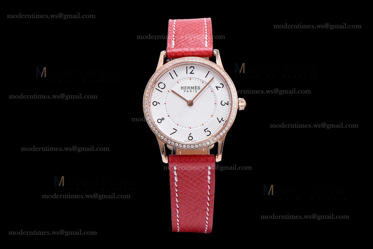 Hermes Slim D Series RG/LE BVF Wht/Red Diams Quartz