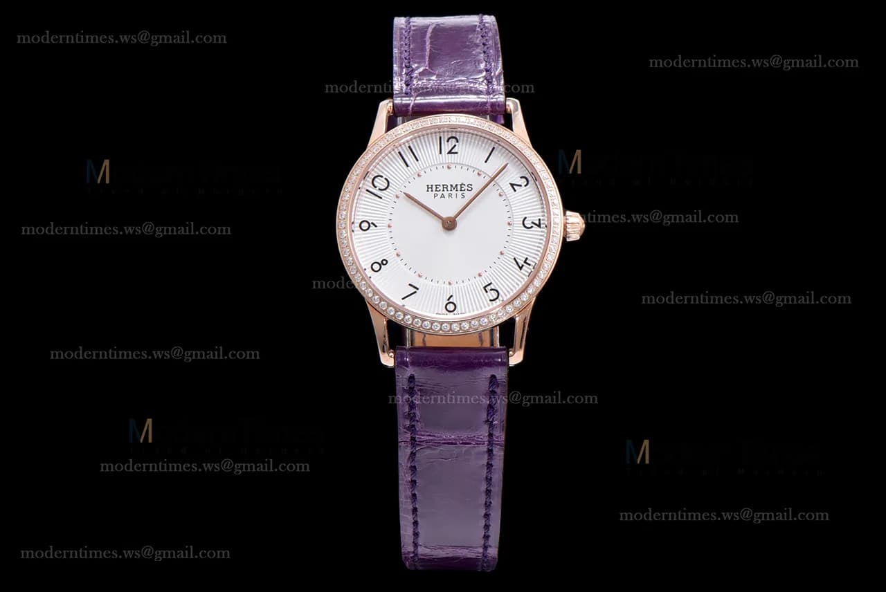 Hermes Slim D Series RG/LE BVF Wht/Per Diams Quartz