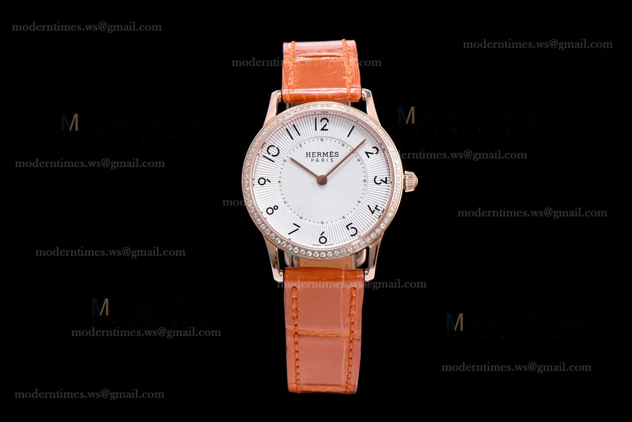Hermes Slim D Series RG/LE BVF Wht/Bro Diams Quartz