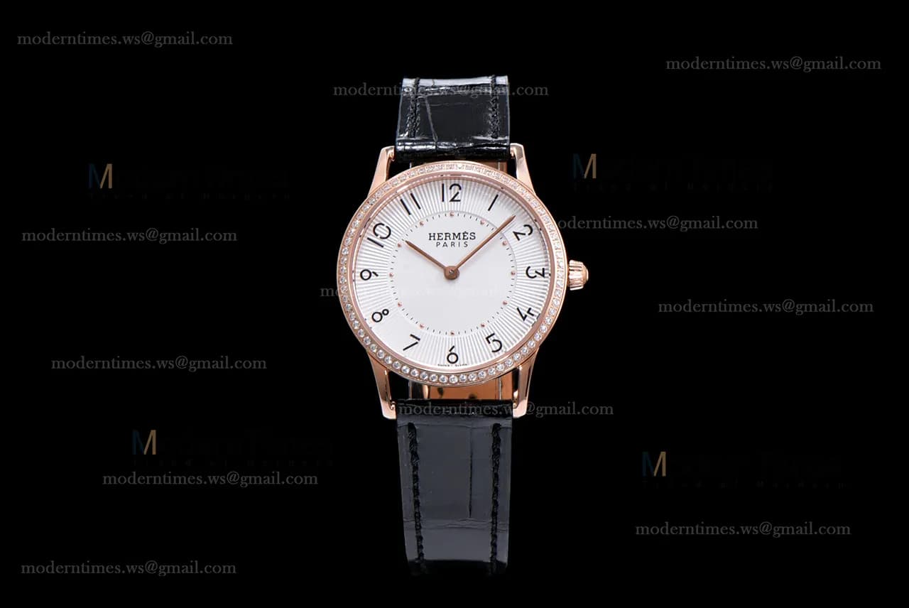 Hermes Slim D Series RG/LE BVF Wht/Blk Diams Quartz