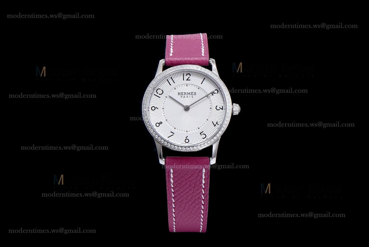 Hermes Slim D Series SS/LE BVF Wht/Red Diams Quartz