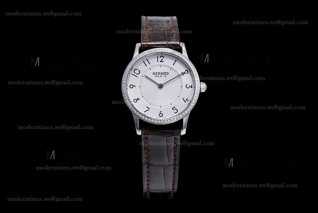 Hermes Slim D Series SS/LE BVF Wht/Bro Diams Quartz