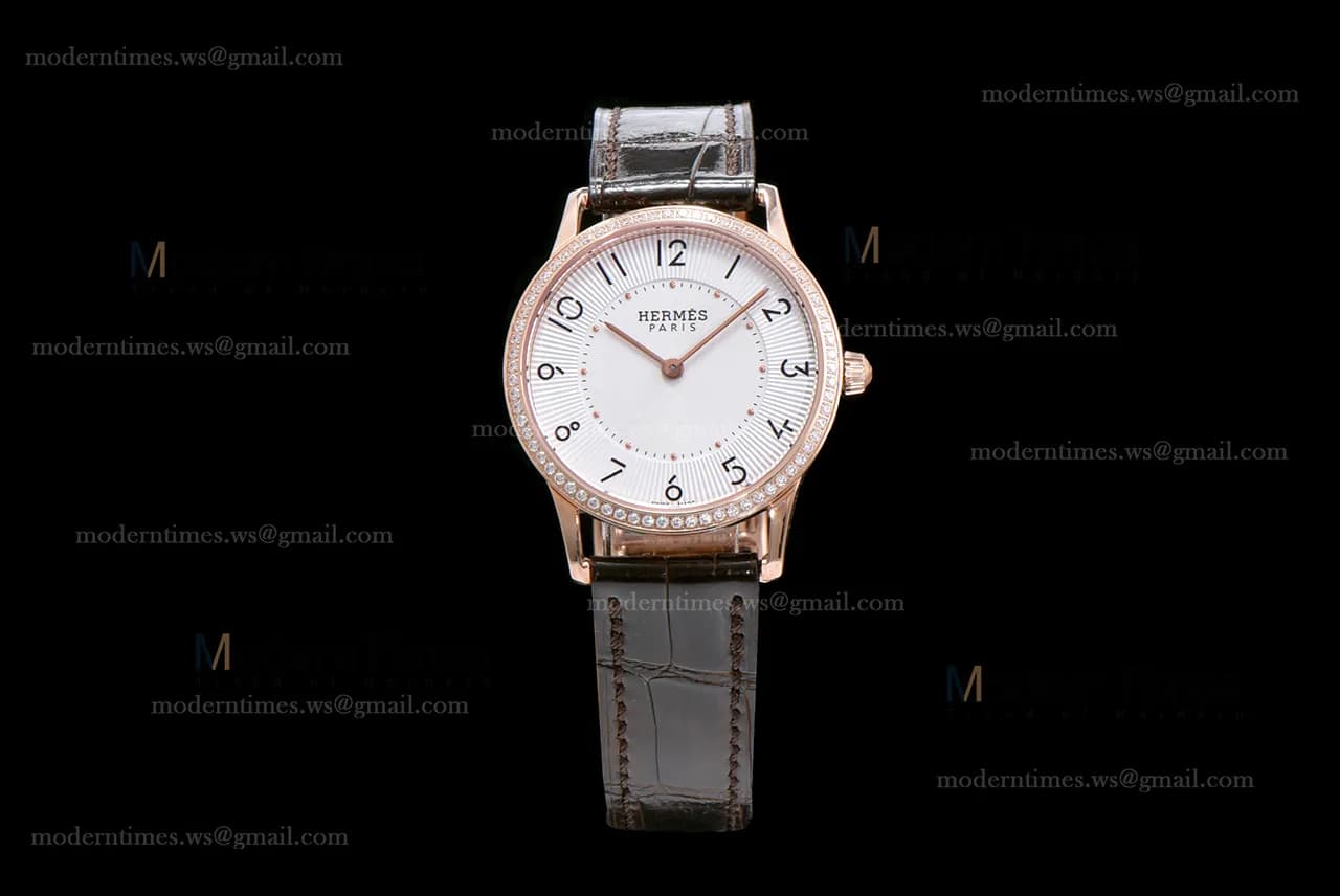 Hermes Slim D Series RG/LE BVF Wht/Bro Diams Quartz