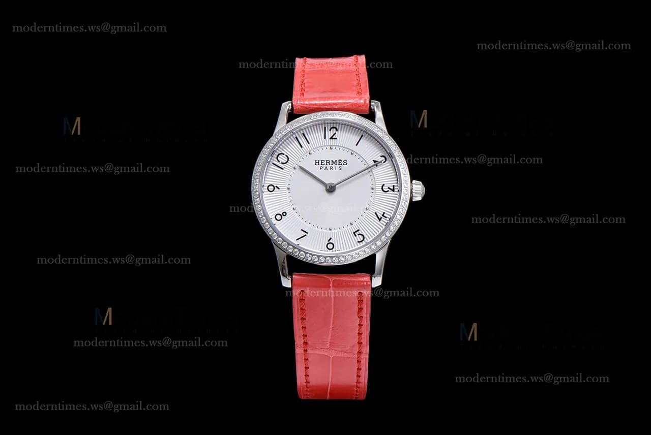 Hermes Slim D Series SS/LE BVF Wht/Red Diams Quartz