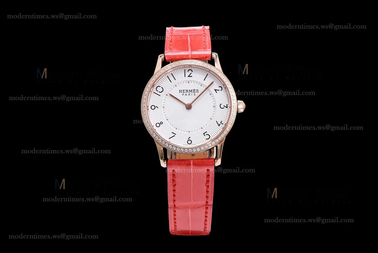 Hermes Slim D Series RG/LE BVF Wht/Red Diams Quartz