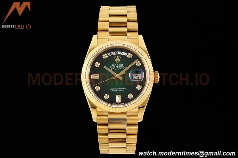 Rolex - DayDate 36mm 128238 Flt Pres YG/YG Diam Green Dial RAF A2836