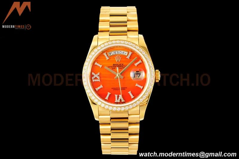 Rolex - DayDate 36mm 128348 Flt Pres YG/YG Diam/Rmn Carnelian Dial RAF A2836