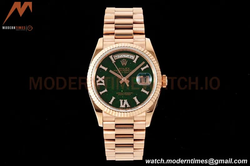 Rolex - DayDate 36mm 128235 Flt Pres RG/RG Flt/Rmn Green Dial RAF A2836