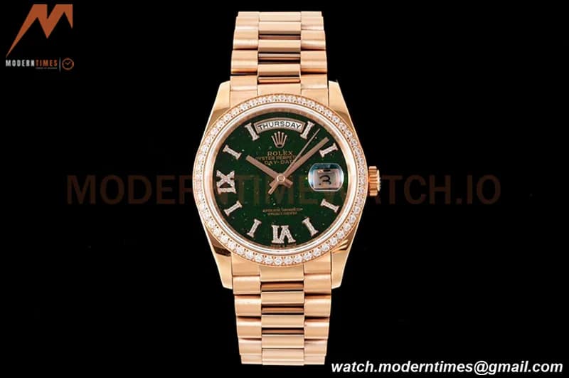 Rolex - DayDate 36mm 128345 Flt Pres RG/RG Diam/Rmn Green Dial RAF A2836