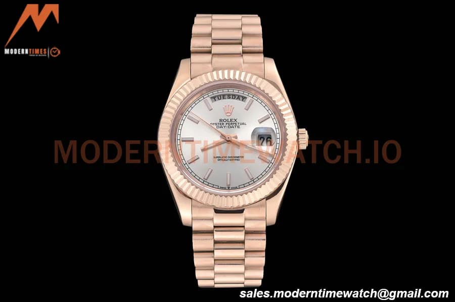 Rolex - DayDate 40mm Flt/Pres RG/RG Silver Stick GDF MY8215