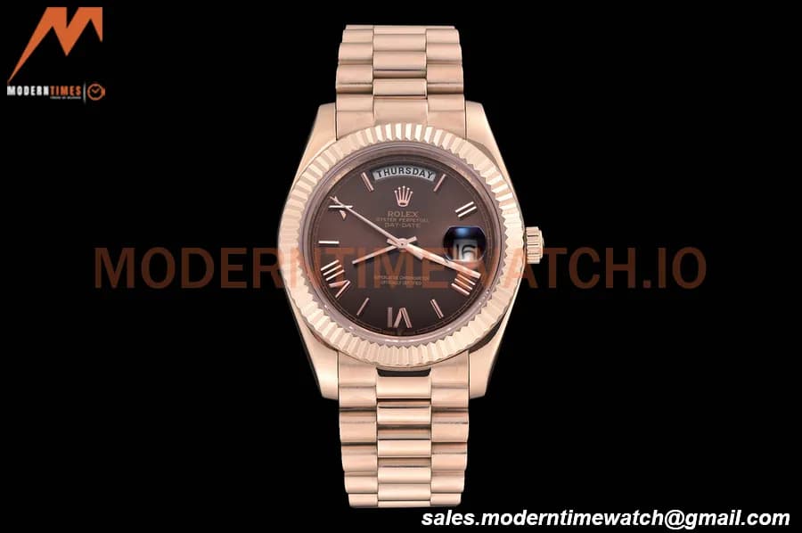 Rolex - DayDate 40mm Flt/Pres RG/RG Brown Roman GDF MY8215