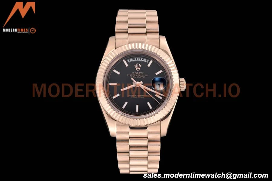 Rolex - DayDate 40mm Flt/Pres RG/RG Black Stick GDF MY8215