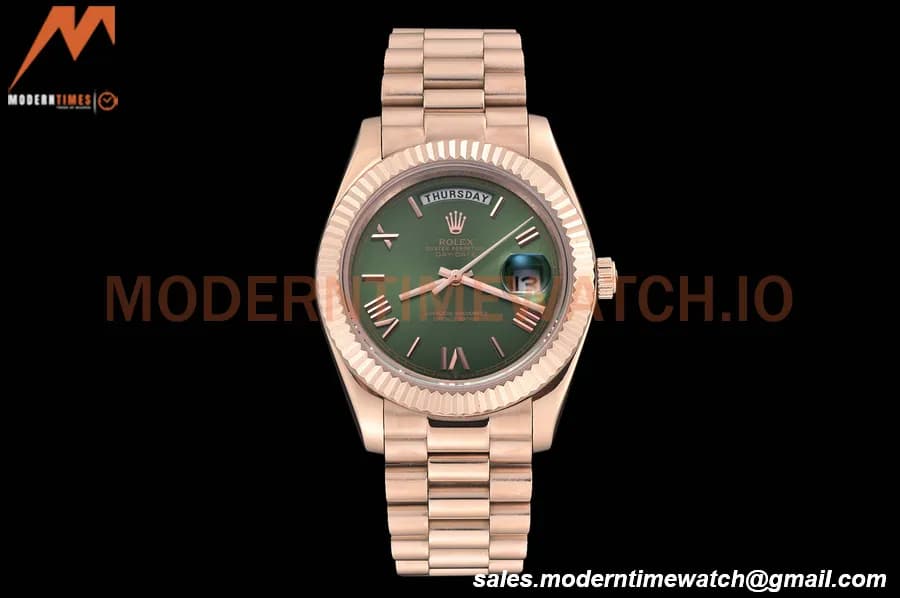 Rolex - DayDate 40mm Flt/Pres RG/RG Green Roman GDF MY8215