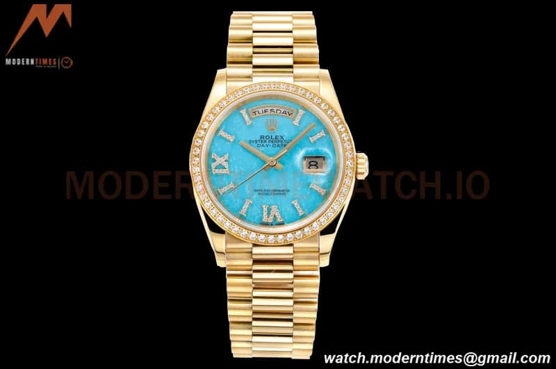 Rolex - DayDate 36mm 128238 Flt Pres YG/YG Turquoise Blue/Dia RAF A2836