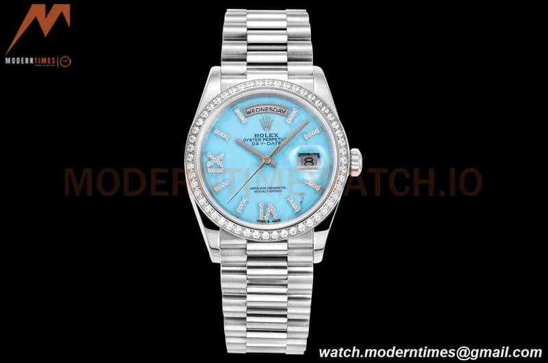 Rolex - DayDate 36mm 128349 Flt Pres SS/SS Turquoise Blue/Dia RAF A2836