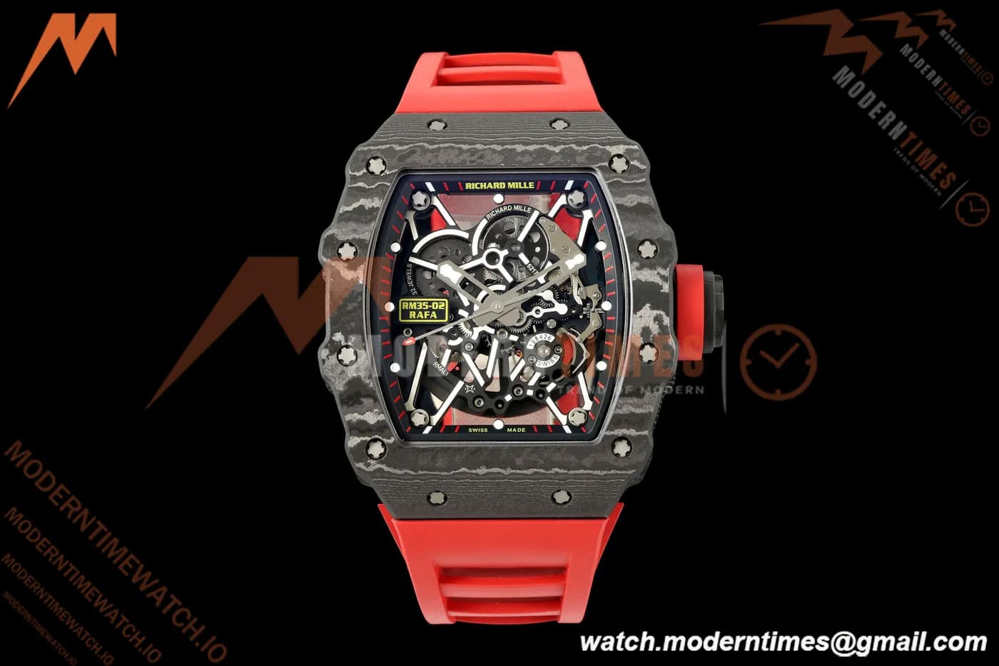 Richard Mille - RM35-02 Custom Made Black NTPT MOD Case FC/RU Red/Blk Skeleton VAF RMAL1 Free Sprung