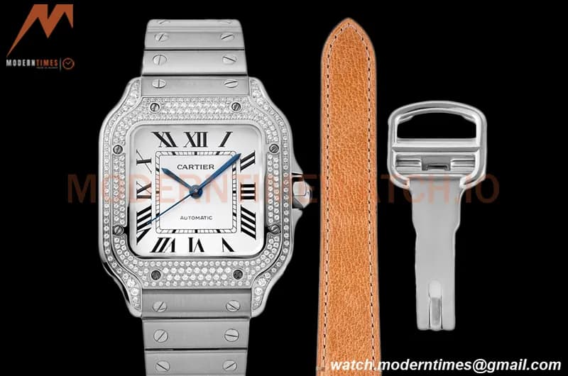 Cartier - Santos De Cartier 35mm Automatic Full Diams SS/SS White BVF MY9039