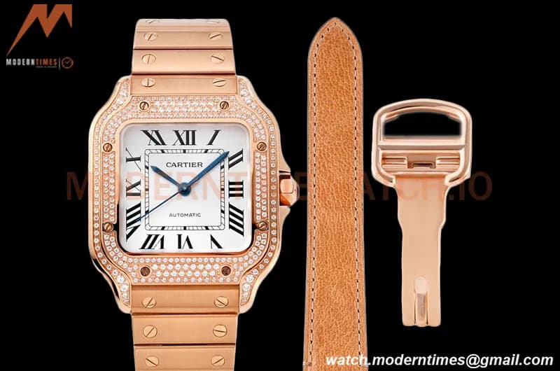 Cartier - Santos De Cartier 35mm Automatic Full Diams RG/RG White BVF MY9039